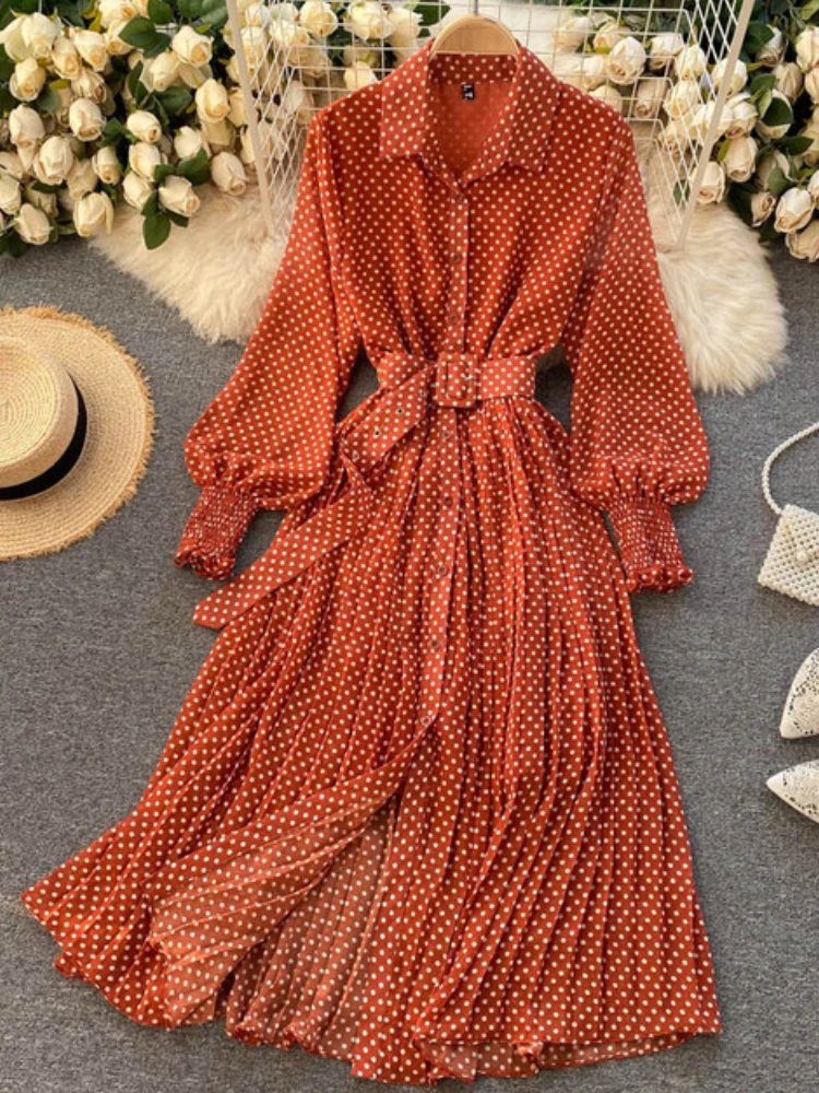 

Spring And Summer French Vintage Maxi Dress 2021 Sundress Ladies Long Sleeve Orange Polka Dot Chiffon Pleated Dresses Femme Robe