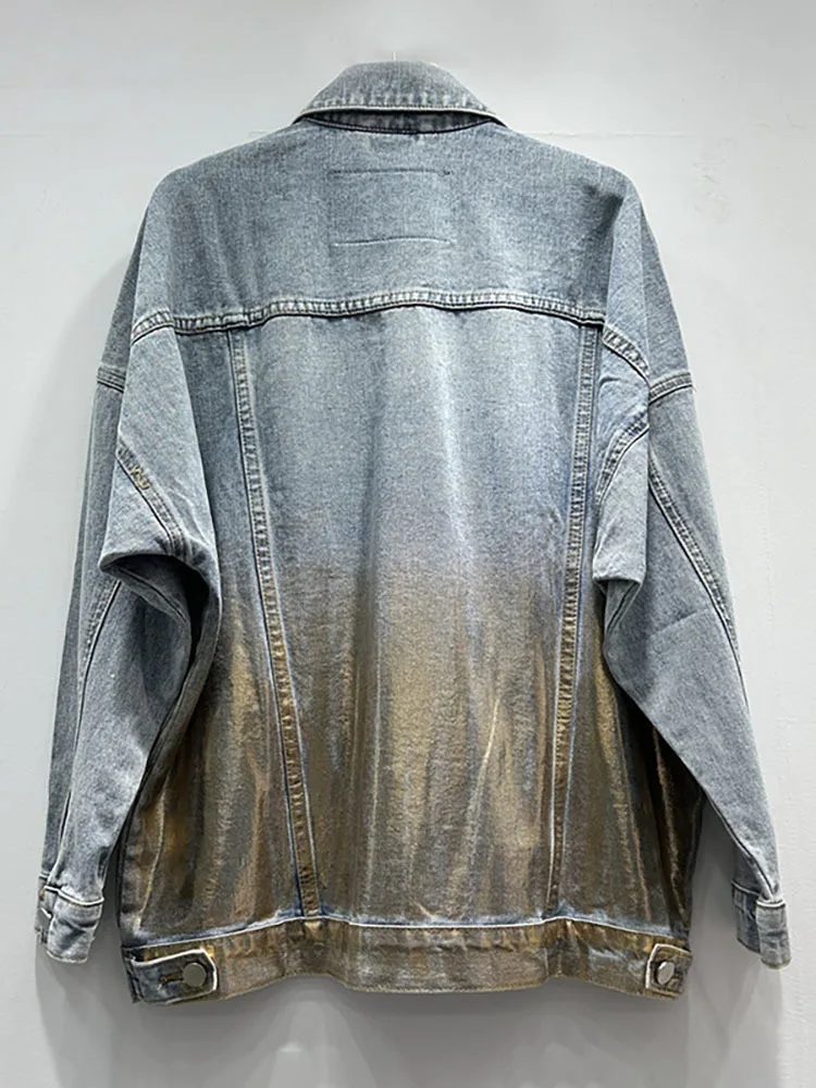 Женская джинсовая куртка DEAT однобортная Свободная с золотым и серебряным