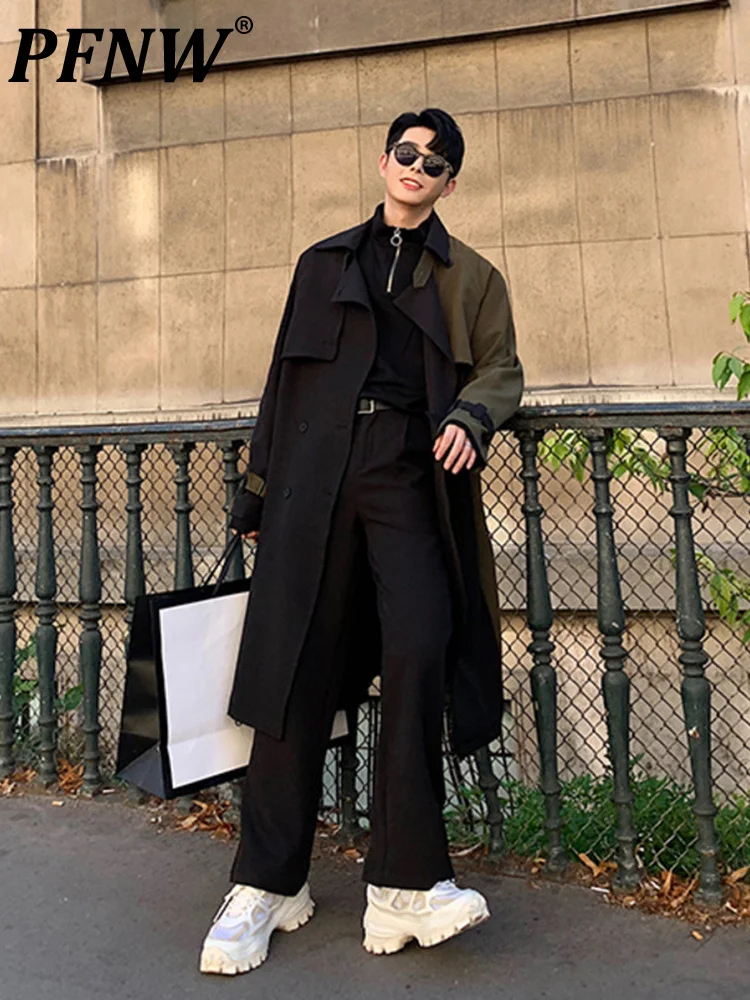

PFNW Men's Color Block Patchwork Mid Length Windbreaker With Sashes Loose Casual Streetwear Long Trench Coat 9Y4346