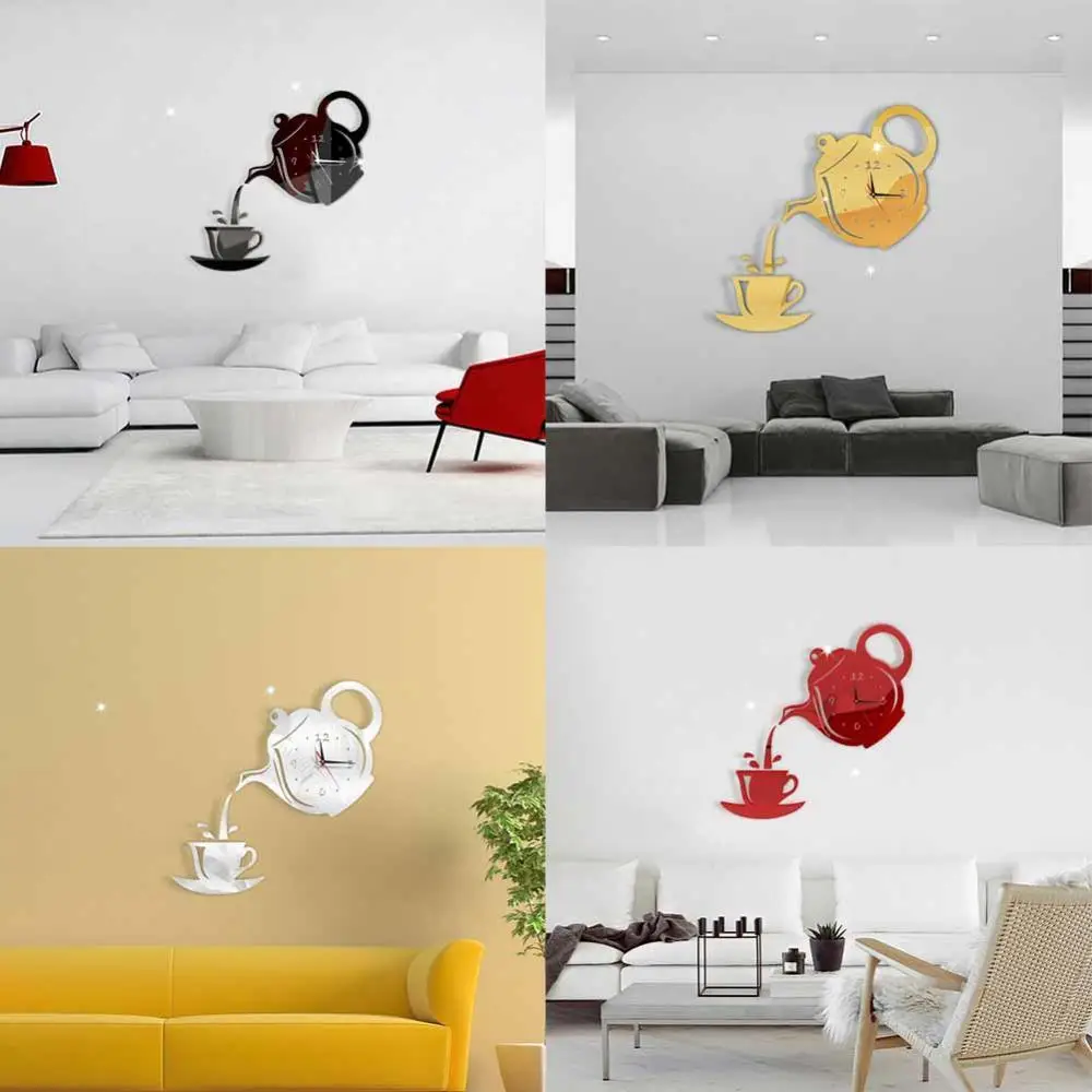 

Creative 3D Teapotd Cup Acrylic Mirror Wall Clock Stickers DIY Home Decor Decals hot sales