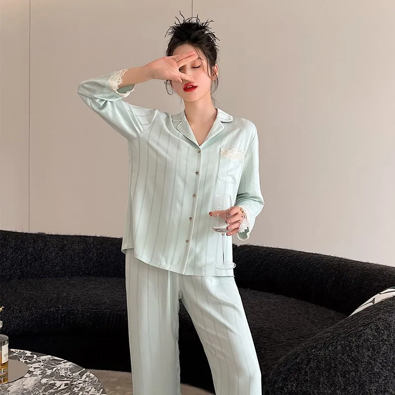 Ice silk new pajamas women's fresh and simple lace striped two-piece pajamas for women