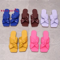 new soft skin flat cross slippers women wearing square head beach cool slippers solid colour bow imitation leather fashion shoe