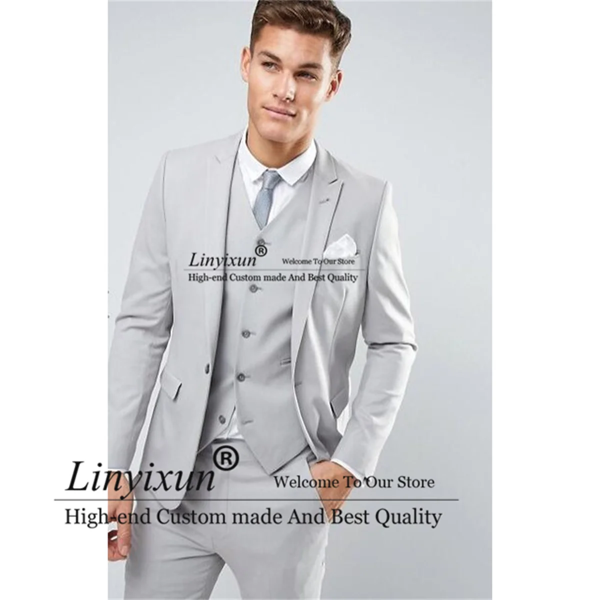 

Мужские костюмы светло-серого цвета, облегающий строгий деловой костюм из двух предметов, Мужской Блейзер, жилет и брюки, одежда для мужчин