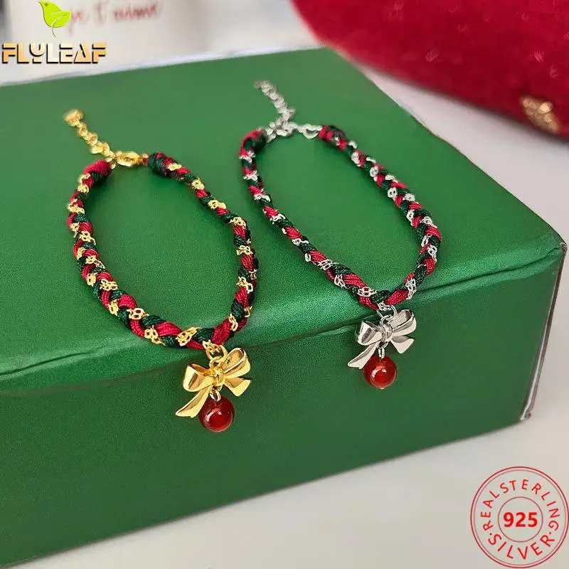 

Real 925 Sterling Silver Bracelets For Women Fine Jewelry Bracelets & Bangles Christmas New Year Red Agate Woven Hand Rope