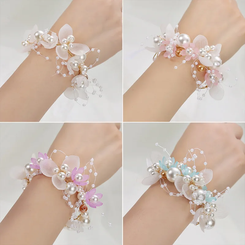 

Pearl Crystal Wrist Flower Corsage Bridesmaid Children Hand Flower Marriage Bride Wedding Party Bracelets Girls Jewelry Wrist