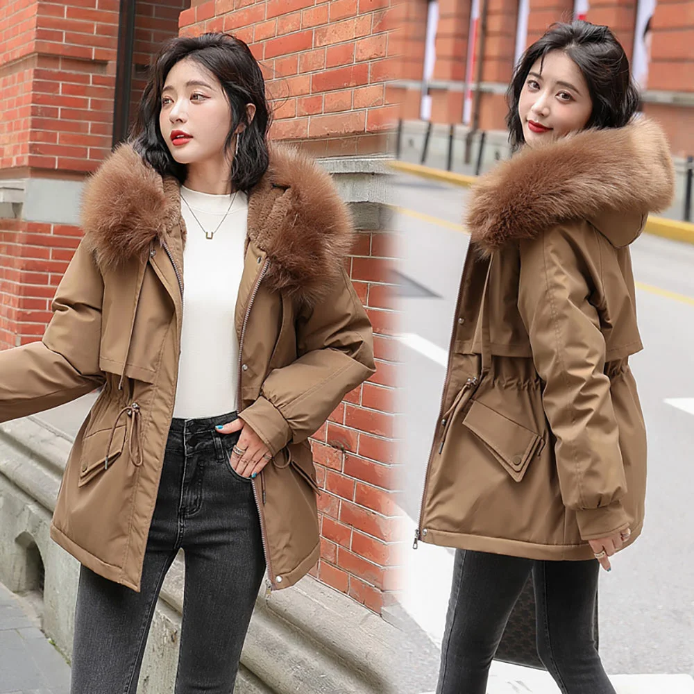 Warm Thicken Winter Women Jacket Solid Loose Fur Collar Hooded Cotton Padded Coat for Ladies Casual Wool Liner Parkas