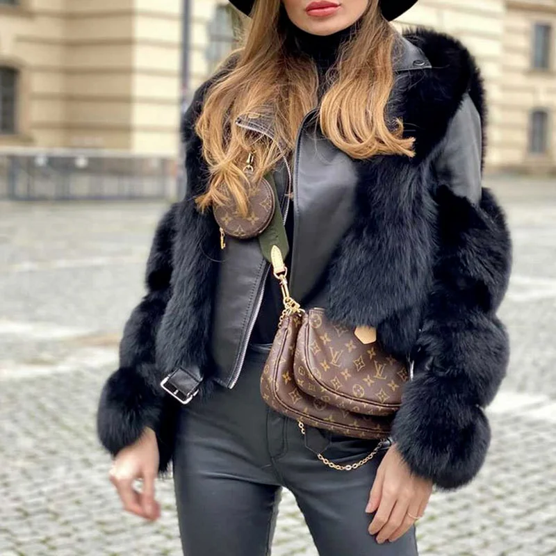 Winter Fashion Ladies Long-sleeved Lapel Faux Fur Stitching Black Fake Fur Flocking Beltless Fur One Fur New Cropped Jacket