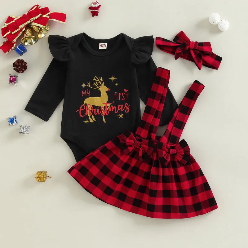 

Baby Christmas Outfit Girl Clothes New Born Fall Winter Elk Jumpsuits Plaid Suspender Skirt Headband Baby Items 0 to 18 Months
