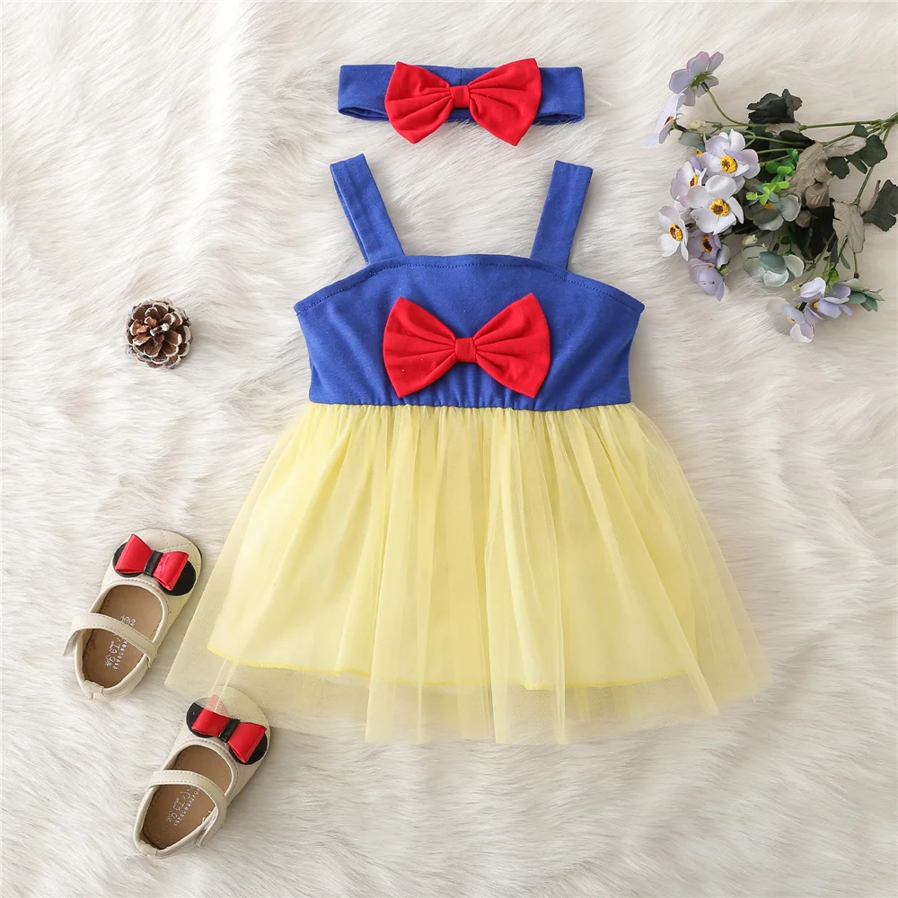 

3-24 Months Baby Girls Summer Fairy Tale Princess Dress And Bow Headband Toddler Mesh Tutu Bow Snow White Princess Cosplay Dress