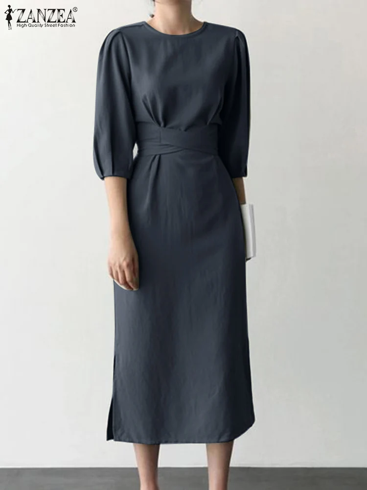 

2022 ZANZEA Fashion Summer O Neck 3/4 Sleeve OL Sundress Robe Femme Casual Work Vestidos Elegant Solid Split Hem Midi Dress