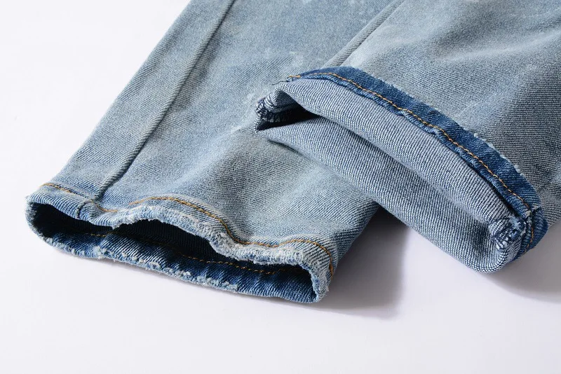 2022 Light Blue Streetwear Men Fashion Distressed Destroyed Tie Dye Rivet Patched Skinny Stretch Ripped Slim Fit Jeans Hombres