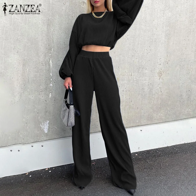 

Женские модные комплекты из 2 предметов, весна-осень, брюки с широкими штанинами, Женские однотонные топы, костюм ZANZEA, повседневные плиссиро...