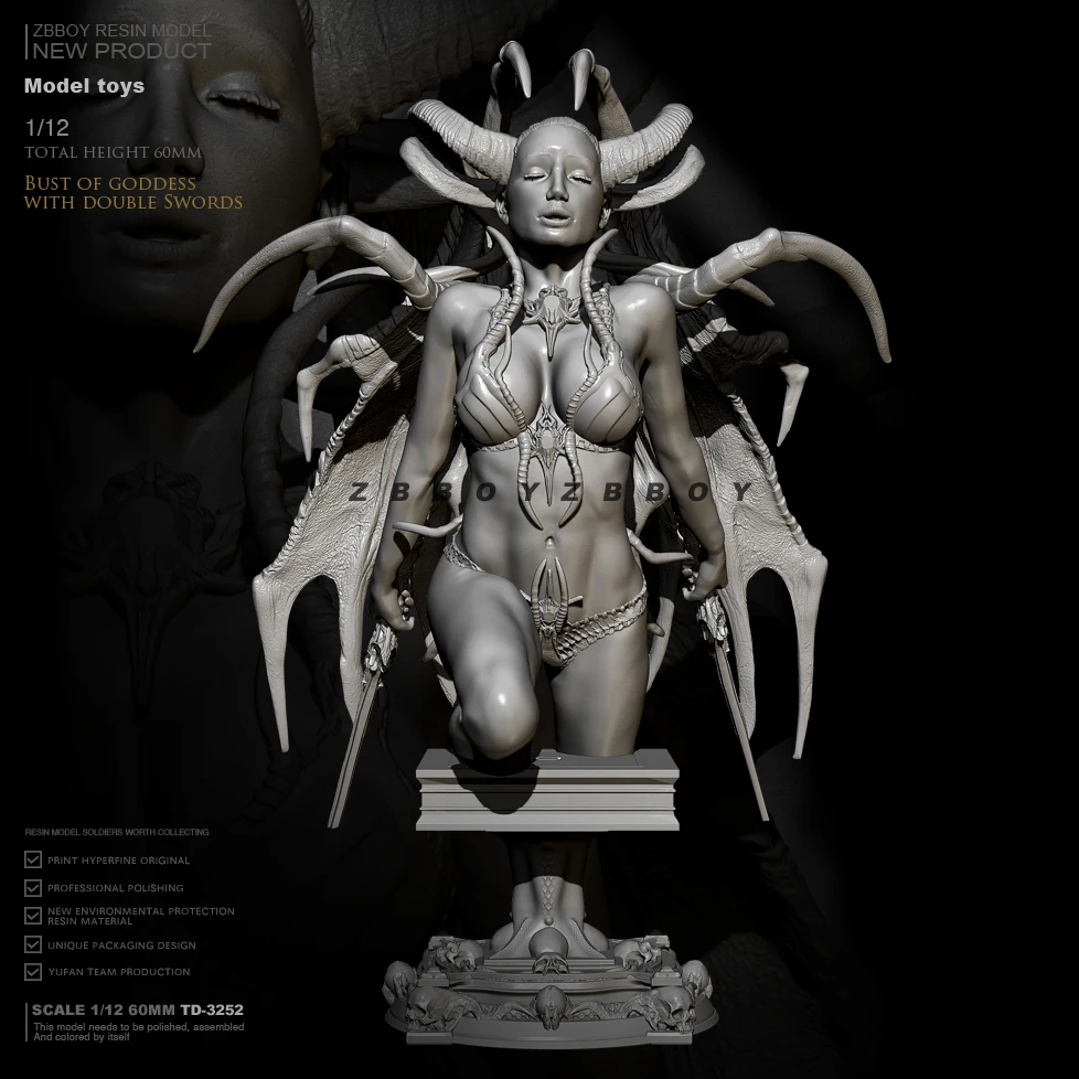 

60mm Double Sword Goddess Bust Resin Figure Toy Female Soldier TD-3252