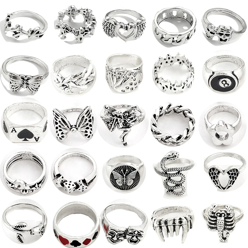 50 Pcs Punk Rings Sets For Women Aesthetic Y2K 2023 New Gothic Accessories Lots Silver Color Jewelry Free Shipping Wholesale