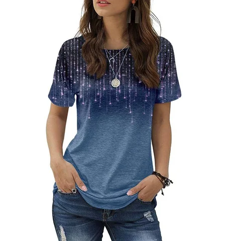 Fashion Summer Women T-Shirt Gradient Printing 3d Round Neck Short Sleeve Women'S Blouse Casual Tee Solid Color Woman Clothing