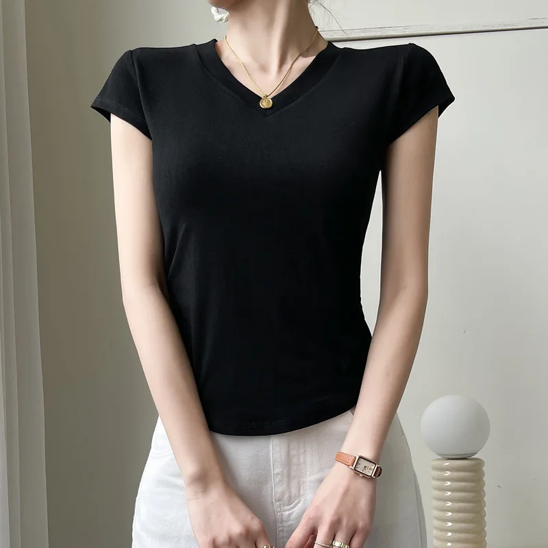 

High-quality solid color Modert V-neck shoulder short-sleeved t-shirt womens basic summer style draped curved blouse white