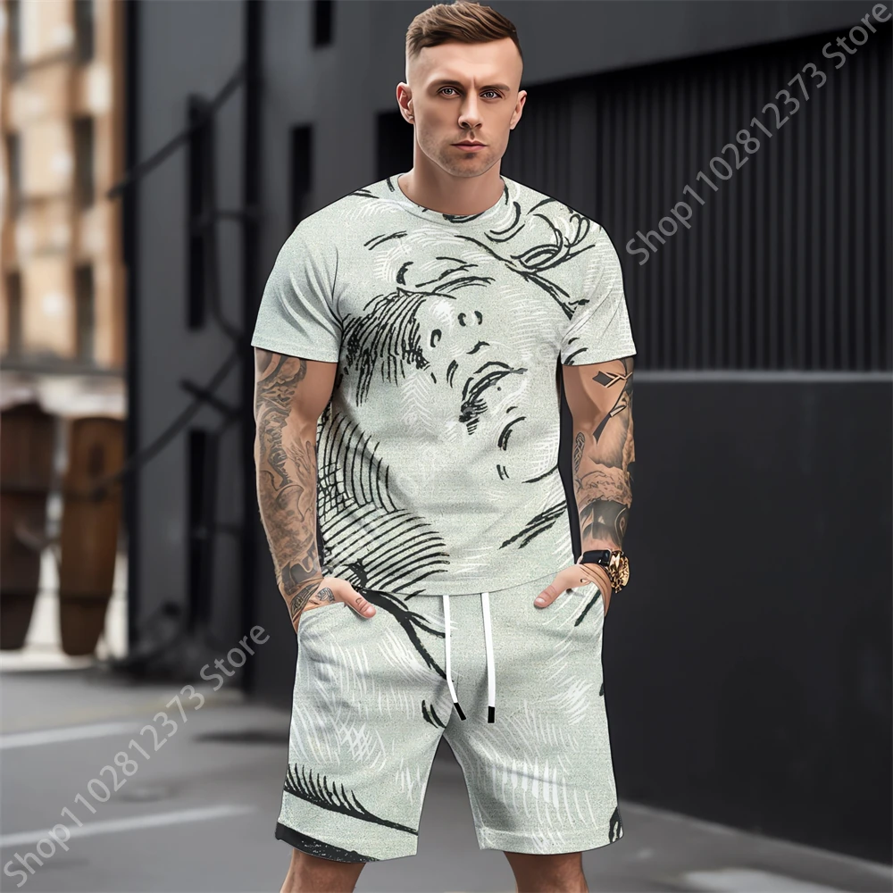 2023 Tracksuit Men Summer Men Casual Sport Men T-shirt+Shorts Two Piece Set Men Fashion Retro 3D Printing Street Clothes For Men