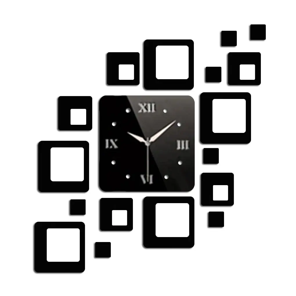 

3D Wall Clock Removable Acrylic Squares Quartz Mirror Wall Stickers Modern DIY Stickers Waterproof Home Office TV Backdrop Decor