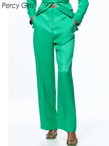 Женские офисные прямые брюки ZA, модные атласные строгие брюки с боковыми карманами и высокой талией, лето 2022