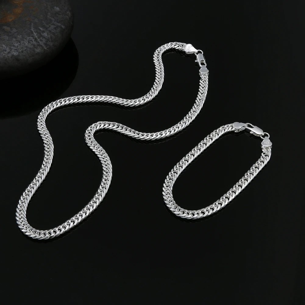 

Hot new fine 925 sterling Silver 6MM geometric chain man bracelets neckalces for women fashion Party wedding jewelry sets gifts