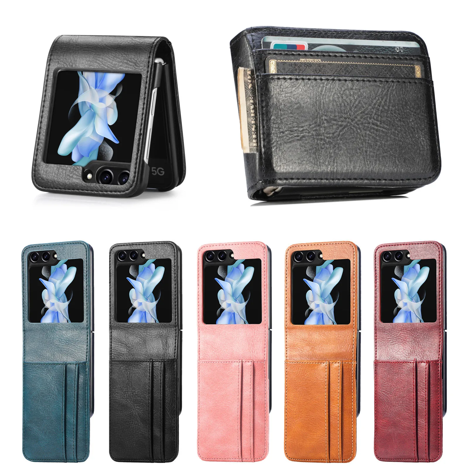 

ZFlip5 Case Cards Holder Phone Fundas for Samsung Galaxy Z Flip 5 4 3 2 5G Cover Slim PU Leather Wallet Full Protective Coque