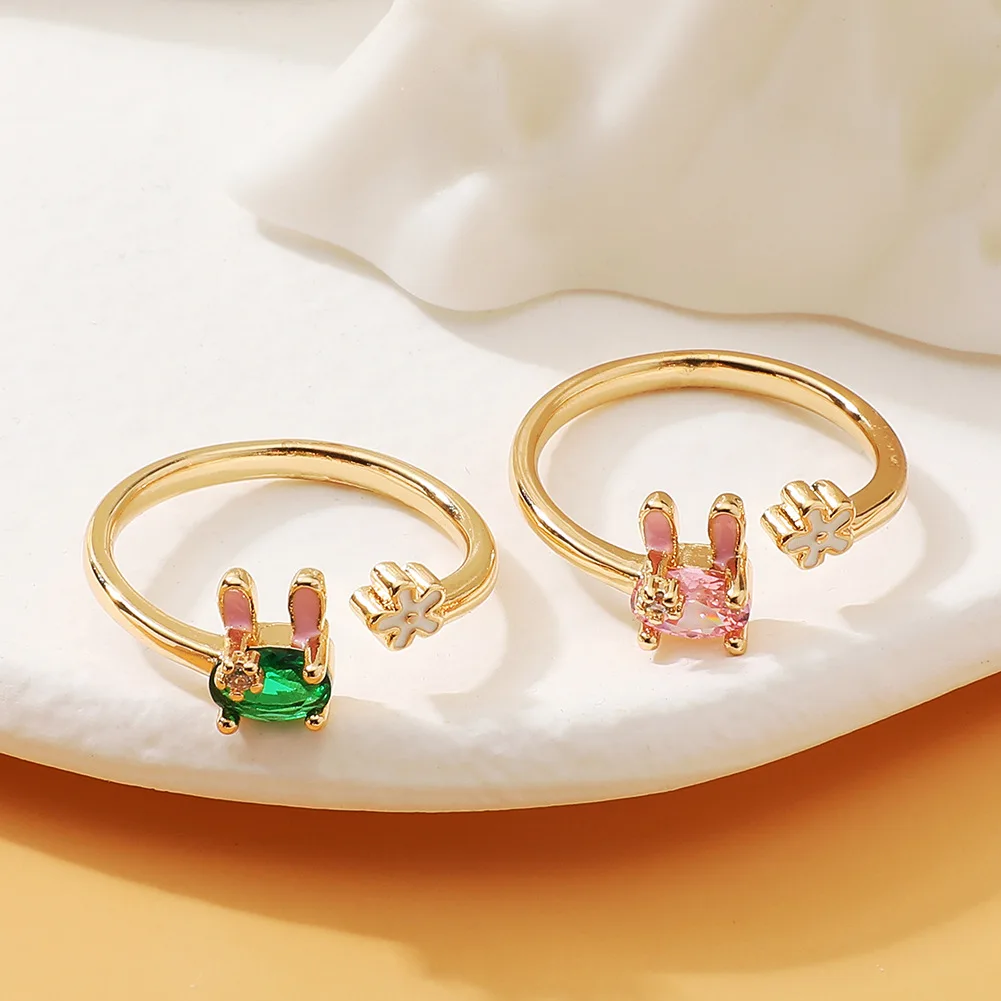 

Women's Fresh, Lovely, Sweet Ring, Versatile, Fashionable, Personalized Jewelry, Drip Oil Flower, Rabbit Opening Ring Gift