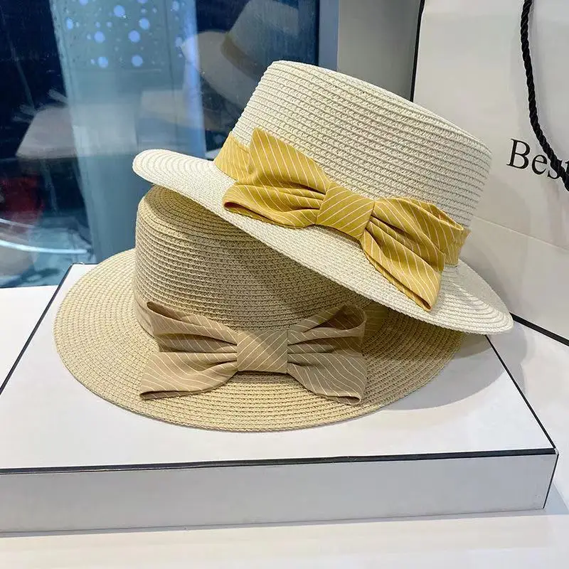 

Women Panama Hat Travel Summer Flat Top Straw Hat Cute Bowknot Beach Sun Protection Hats Wide Brim Fedora Cap Chapeu Feminino