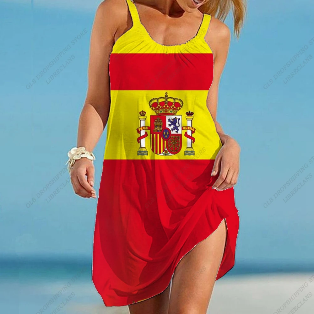 

Spain Flag Dress Sleeveless Casual Summer Strap Beach Dress Bohemian Party Evening Dresses Midi Elegant Espain Sundress Girl Hem