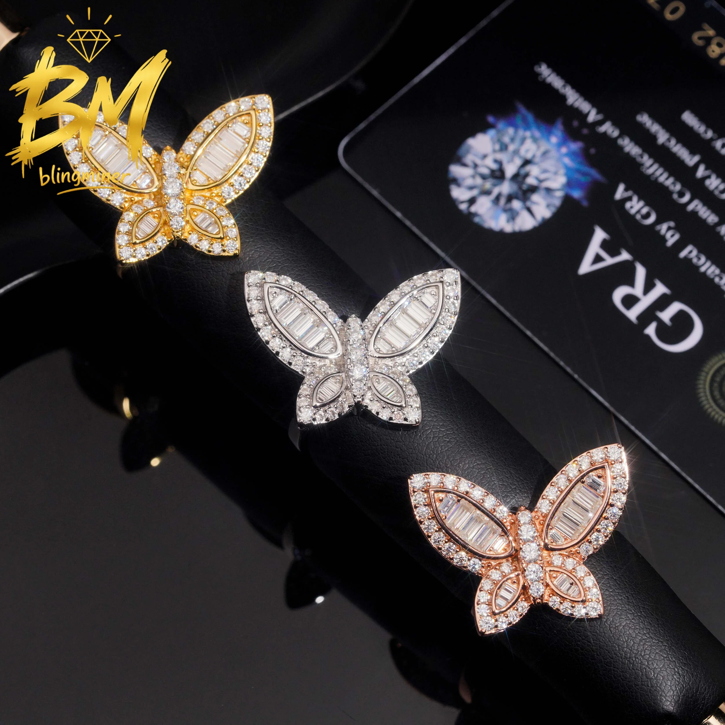 Фото Роскошные кольца Blingminer с бабочками VVS из муассанита, серебро S925, для мужчин и женщин, ювелирные украшения на палец, проходят проверку на алмазном тестере, бесплатная доставка №2
