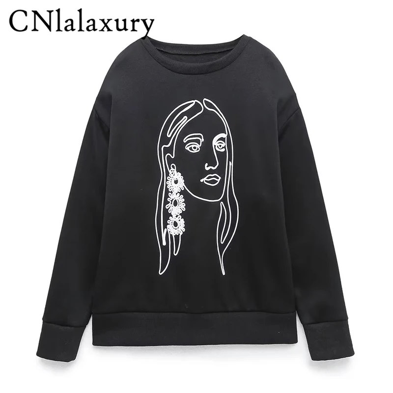 

CNlalaxury Autumn Winter Woman Black Embroidered Sweatshirt Casual Crew Neck Girl Patterns Hoodie Pullover Long Sleeve Sudaderas