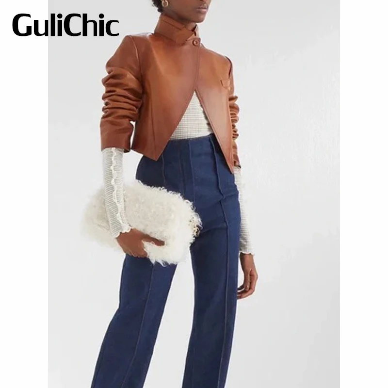 

2.2 GuliChic Women Fashion Elegant Stand Collar Long Sleeve Letter Back 100% Sheepskin Genuine Leather Jacket