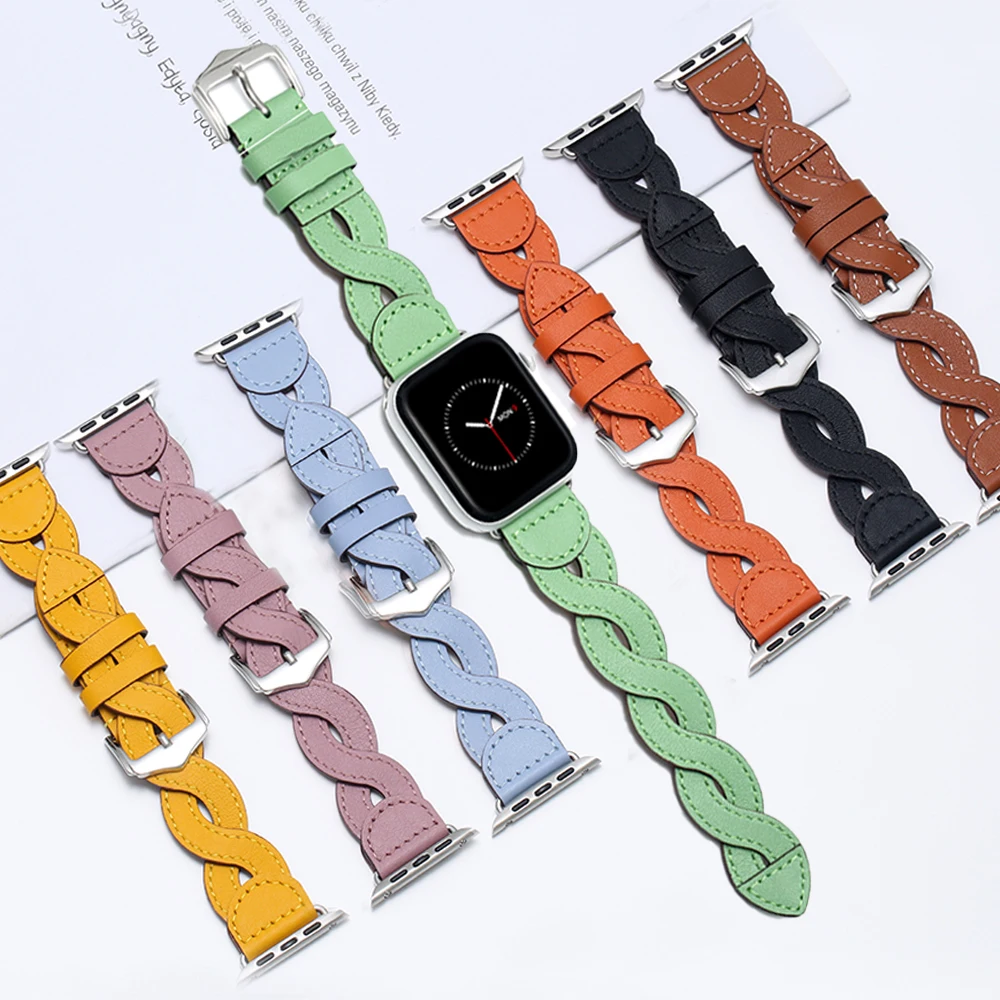 

Women Leather Bracelet for Apple Watch 7 41 45mm 6 5 4 se 44mm 42mm Braided Twist Strap for iWatch 7 3 2 38mm 40mm Luxury Band