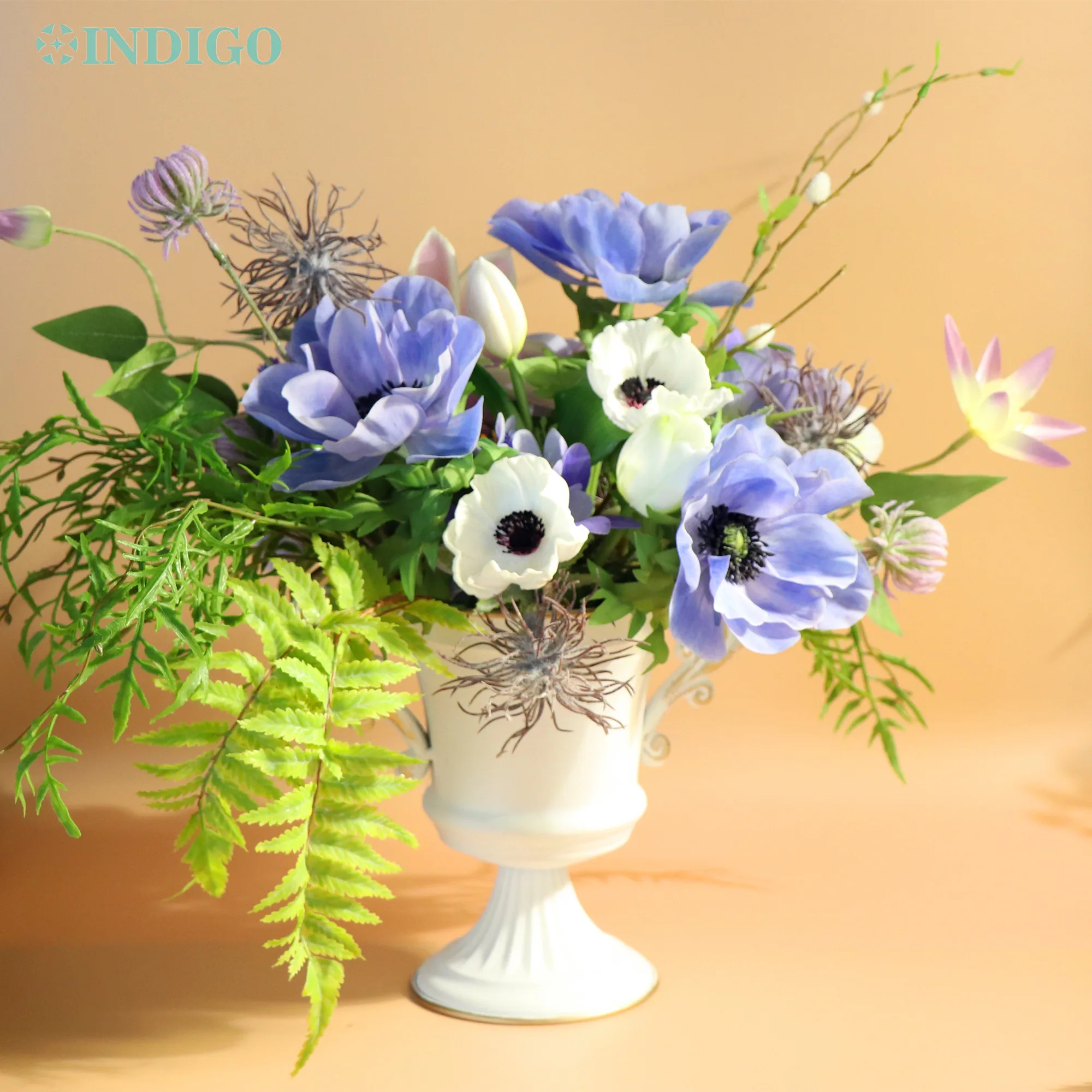 Blue Anemone Flower Arrangment (1 Set With Vase) Home Decoration Daisy Wedding Artificial Flower Event Party Display- INDIGO