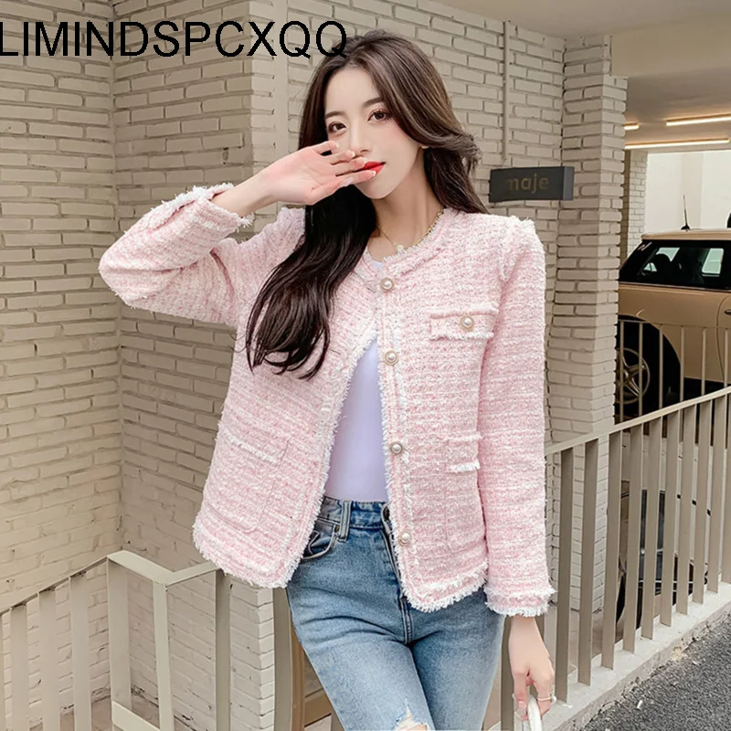 

Куртка женская твидовая с круглым вырезом, элегантный пиджак с длинным рукавом, розовая модная верхняя одежда, весна-осень 2022