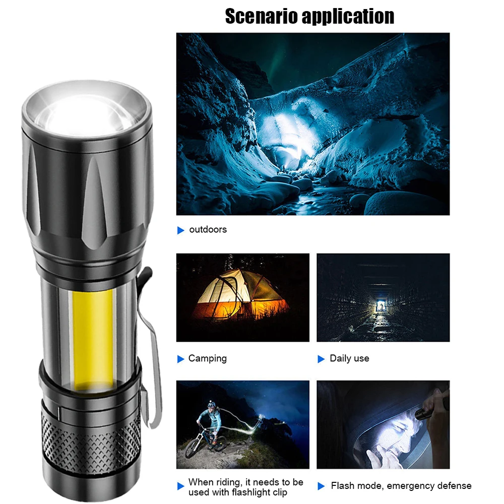 

XPE+COB Powerful Flashlight 3 Modes Portable Torch Light Telescopic Zoom USB Rechargeable Waterproof Mini for Outdoor Working