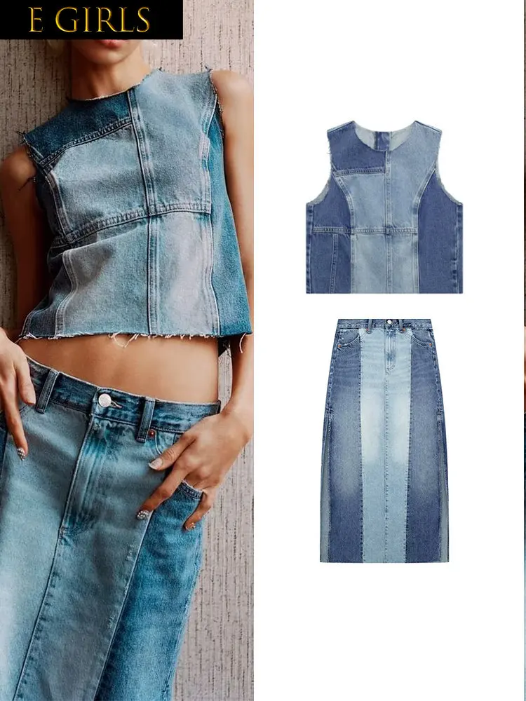 

E GIRLS Summer Women Denim Patchwork Vest Top Skirt Sets Casual Sleeveless Round Collar Tops Straight A-Line Mid-Calf Skirt