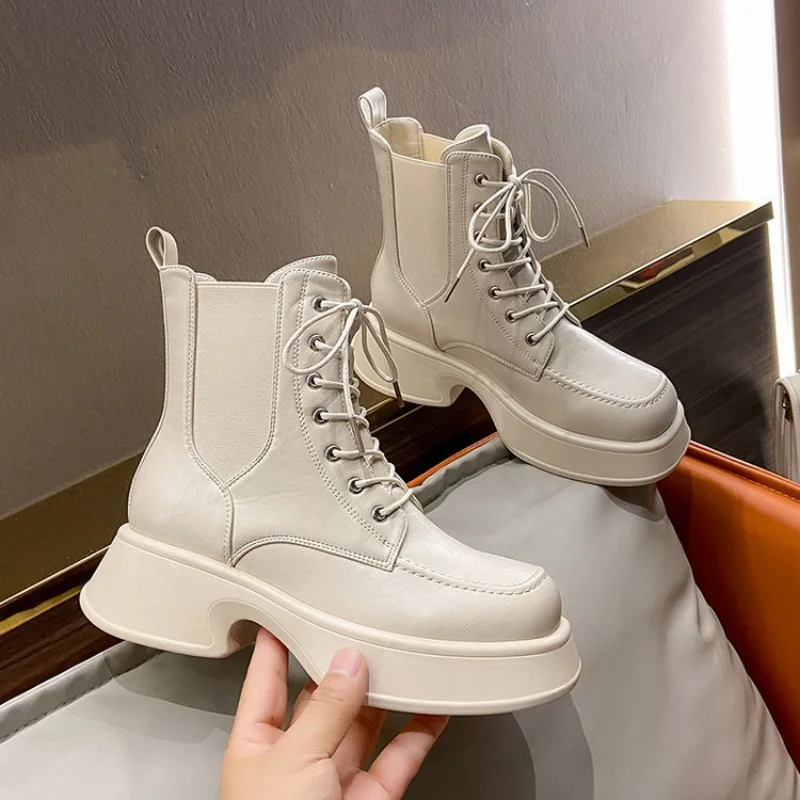 2023 Women's Shoes Lace Up Boots Women Flat Heel Fashion Summer  Autumn Rubber Lolita Low Ankle Rock Ladies Cross-tie 35-40