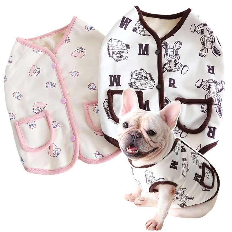 

Cartoon Rabbit Print Plush Jacket Dog Clothes Pocket Waistcoat Cute Small Dog Clothing Cat Thick Kawaii Winter Fat Pet Products