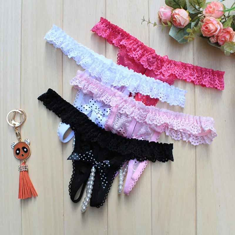 

Sexy String Lace Underwear Women Back Bow Panties Women G String T-back Thong Transparent Lingerie Cute with Pearls Panties New