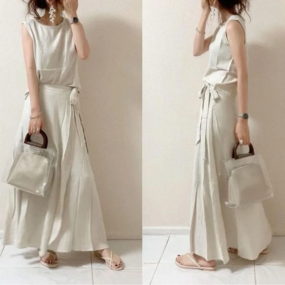 

Women's Two Piece Sets T-Shirt Plain Casual Pullover Sleeveless Tank Top And Long Skirts Solid Color Korea Fashion 2 Piece Set