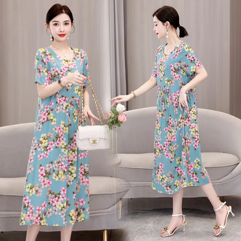 

2023 New Summer Dress Middle Aged Women Elegant Short Sleeve Vintage Floral Printed Fashion Loose Dresses