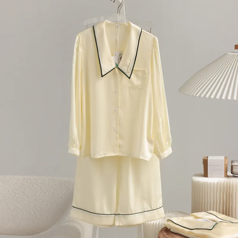 luxury women's pajamas set solid turn down collar ladies satin sleepwear spring summer silk pijama suit homewear for female