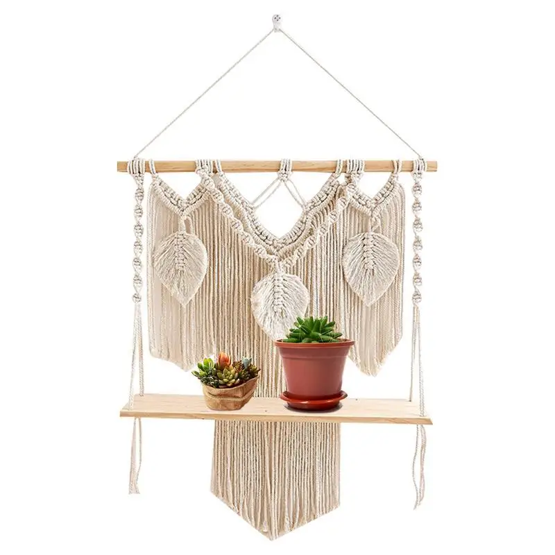 

Macrame Wall Hanging With Shelf Bohemian Beige Geometric Wave Art Decor With Rack And Tassel Home Decoration For Bedroom Living