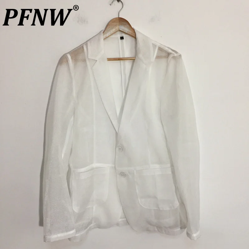 

PFNW Summer Men's Niche Design Perspective Suit Coat Tide Mesh Solid Color Loose Breathable Sexy Sun Protection Blazers 12Z1277