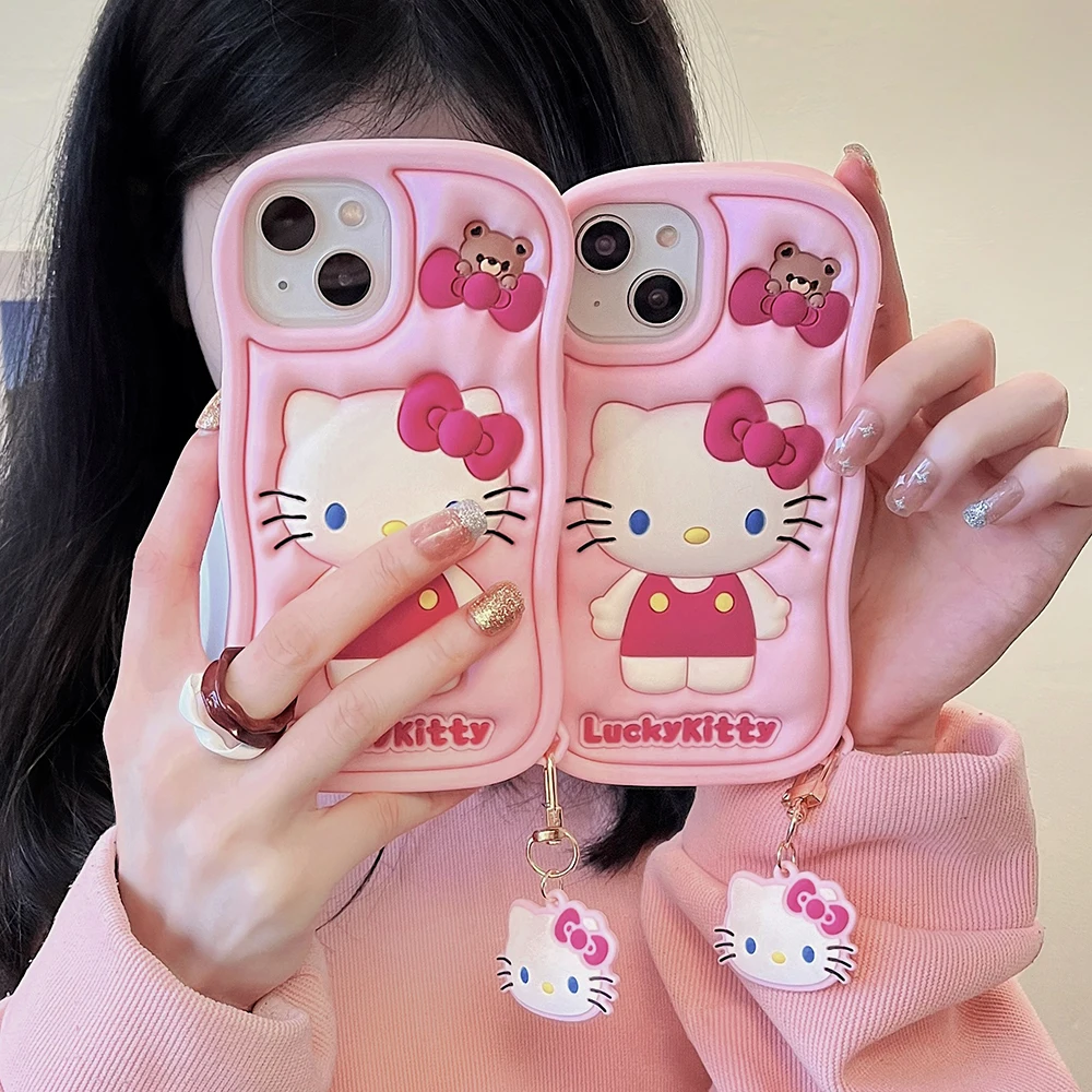 

3D Cartoon Sanrio Pink Hello Kitty with Pendant Phone Case for IPhone 14 13 12 11 Pro Max Plus 14 Pro Silicone Soft Back Cover