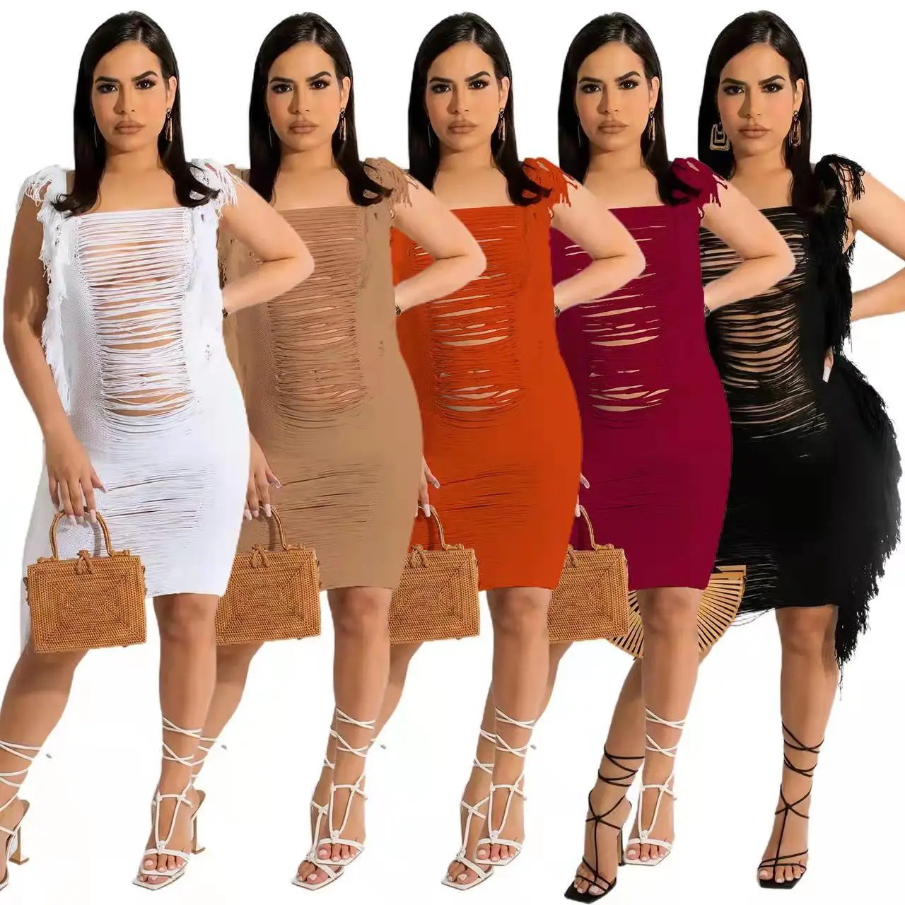 

Spring Summer New High Street Sexy Dress Women Solid Color Knitted Hollow Sleeveless Pullover Fringed Dresses for Women 2022