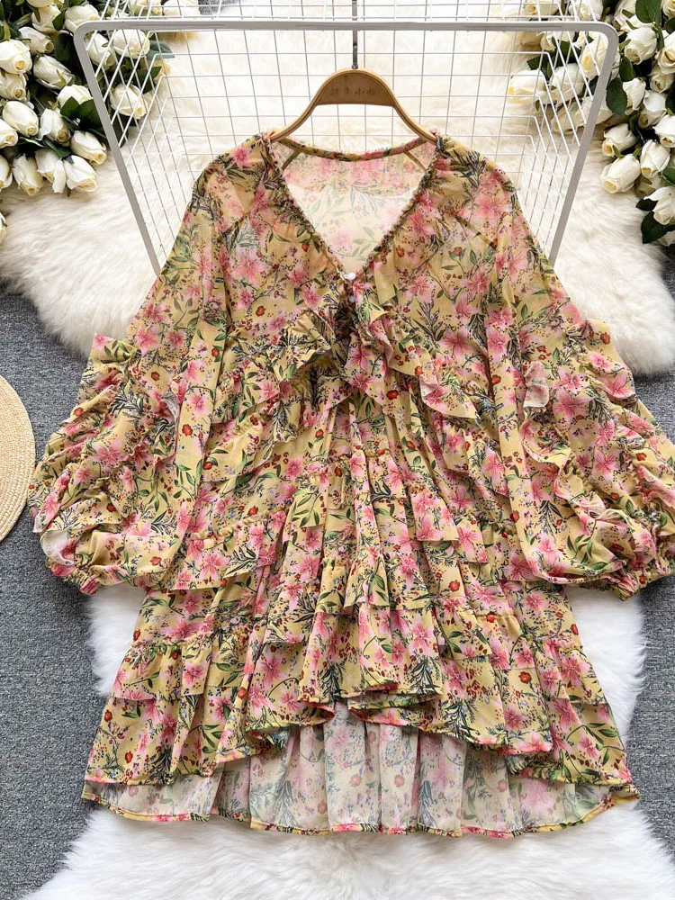 

Spring Retro Loose Slim V-neck Lantern Sleeve Floral tiered Dress Female Irregular Ruffled Pleated Doll vestidos women D1179