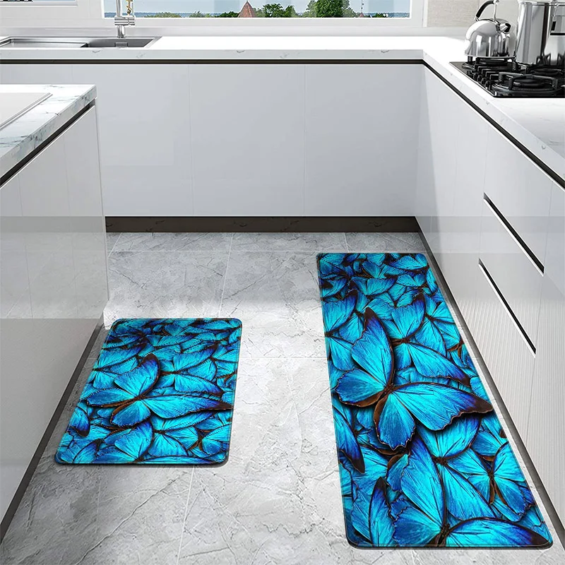 

Blue Butterfly 3D Printed Kitchen Rug Door Mats Hallway Bath Mat Anti-slip Area Floor Rugs Living Room Hot Sale Bedroom Doormat