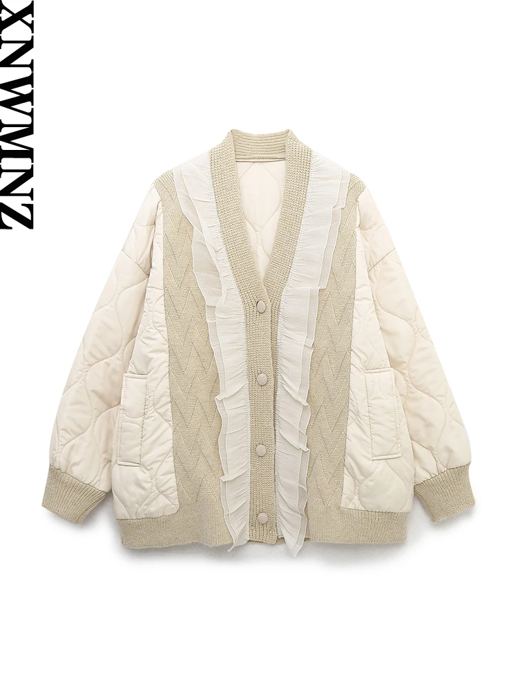 XNWMNZ Women Fashion Winter Warm Quilted Embroidery Knitted Patch Padded Jacket Coat Vintage Long Sleeve Female Chic Outerwear