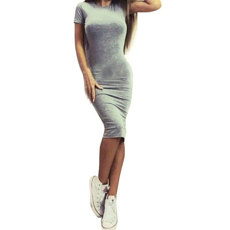 

Fashion Women Short Sleeve Bodycon Dress Soft Elasticity Solid Midi Dress Casual Party Evening Cocktail Streetwear Summer Dress